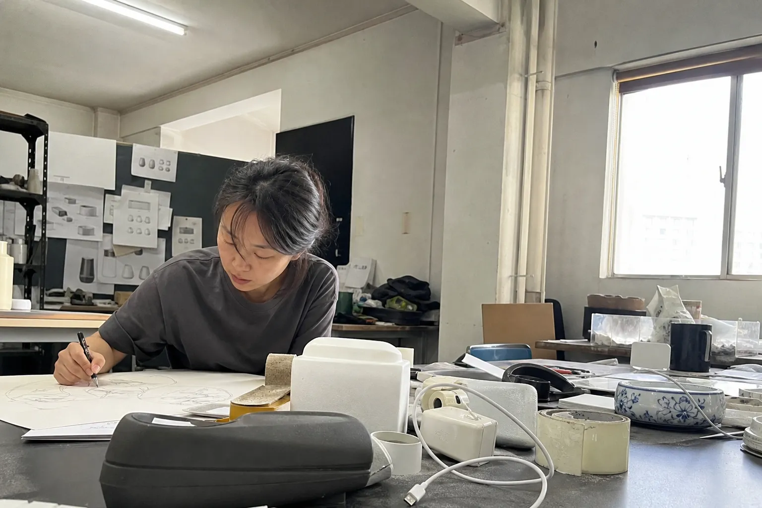一位设计师在工作室的办公桌前工作